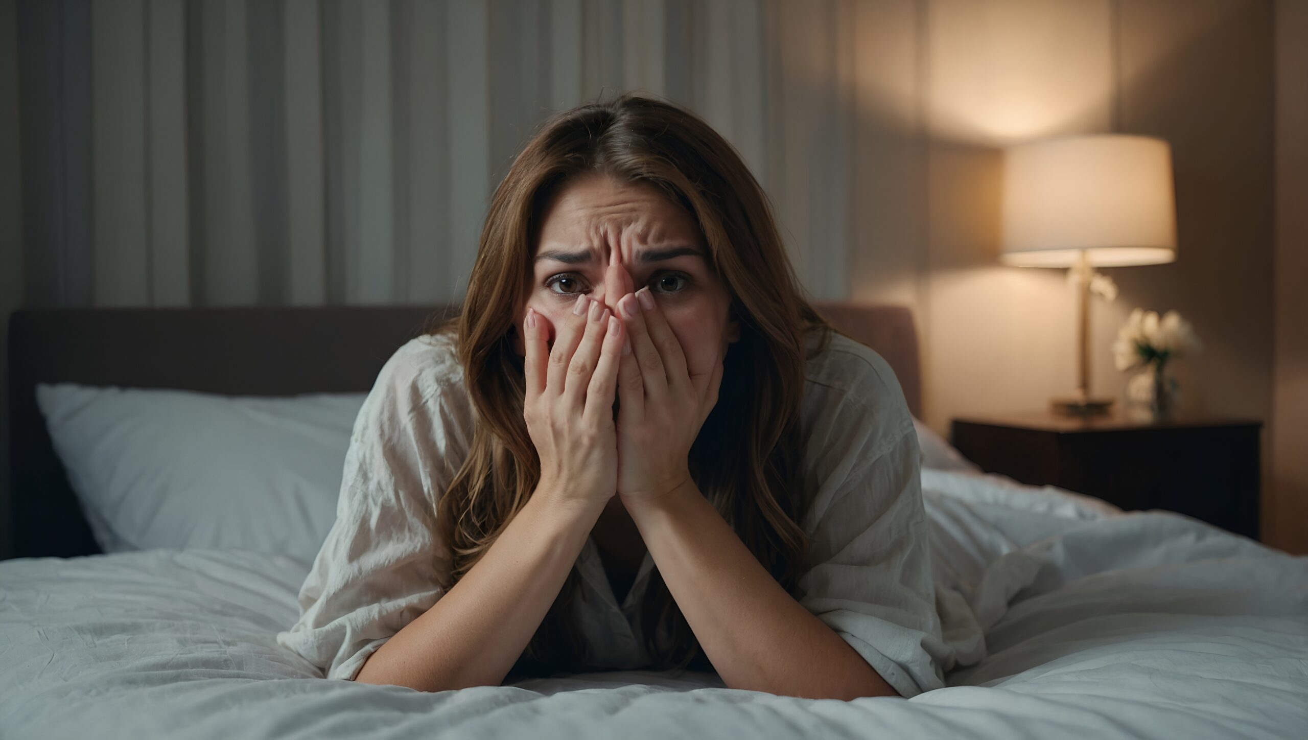 An image of a woman lying on a bed with a distressed expression on her face.